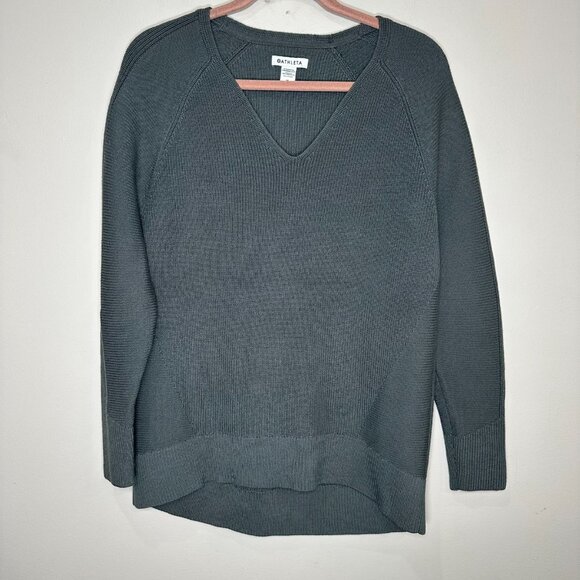 Athleta Hanover Sweater Womens Medium V-Neck Gray Knit Merino Wool Blend Relaxed - Picture 1 of 6